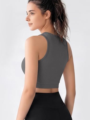 Image of ODODOS 3-Pack Seamless Crop Tank for Women Ribbed Soft High Neck Cropped Tops