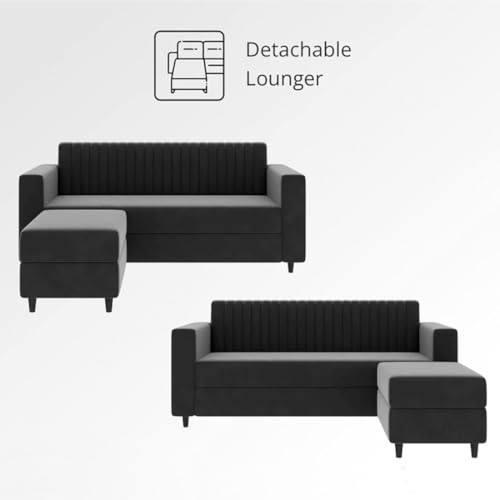 Image of FURNY Premium Joy 4 Seater Fabric L Shape Sofa Set - 3 Seater Modern Sofa Set with Ottoman for Living Room | with Velvet Fabric | 3- Year Warranty in Dark Grey Color