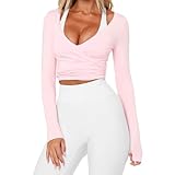 Women Pilates Wrap Top Workout Ballet Self Tie Shirt Long Sleeve Cross Sexy Deep V Neck Yoga Blouse (US, Alpha, Small, Regular, Regular, Pink)