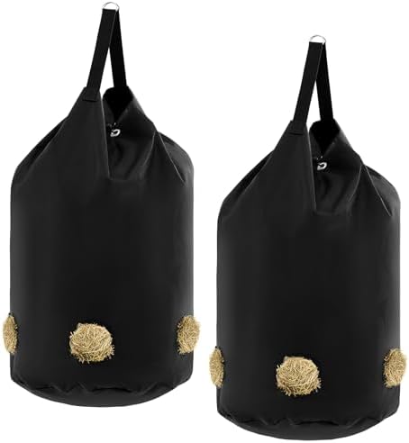 Ribbonlic 2 Pcs Hay Bags for Horse Goat 1680D Oxford Hay Bag Black Large Capacity Hay Feeder Trailer Stable Hay Net Slow Feeding Open Feed Hole Hay Holder for Horse Goats Sheep Feeding (5 Holes)