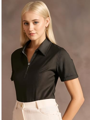 Image of Mack Jonney Ribbed |Regular Fit | Half Sleeves 100% Cotton Polo Neck Self Design with Zip T-Shirt for Women-M950