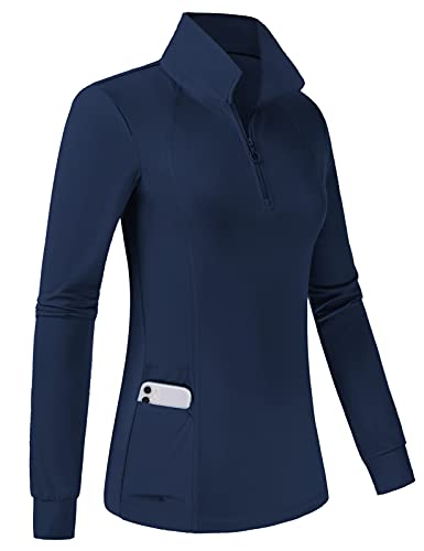 JACK SMITH Womens Long Sleeve Zipper Polo Shirt Fitted Mesh Pique Golf Tshirts Pocket(S, Navy Blue)