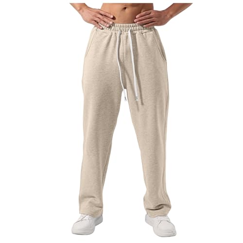 Image of Men's Casual Waist Sports Sweatpants with Woven Pockets, Lightweight Fleece Lining, Solid Color Drawstring Closure for Active Comfort and Style (Beige, L)