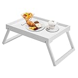 Kaukinye Bamboo Bed Tray Table with Foldable Legs, Breakfast Tray, Laptop Desk for Bed or Sofa,Food,Dinner,Serving,TV Table,Kitchen,Eating,Working (White)