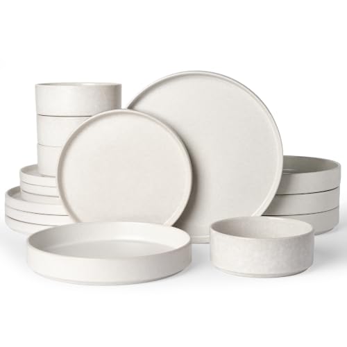 Image of Famiware Nebula Stoneware 16-Piece Plates and Bowls, Matte Beige White | Reactive Glaze Dinnerware Set with Pasta Bowls, Service for 4 - Chip & Scratch Resistant, Microwave & Dishwasher Safe