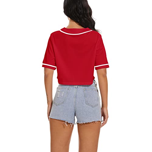 Women's Baseball Jersey Short Crop Tops Sweatshirt Blank Button Casual Softball Shirt Activewear Tee Summer Clothing (Red,S,Small,Regular,Regular) #TOP2