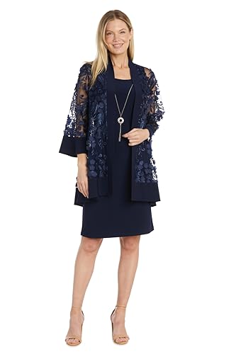 Image of R&M Richards Women's 2-Piece Sheath Dress W /Sheer 3D Floral Jacket & Detachable Necklace