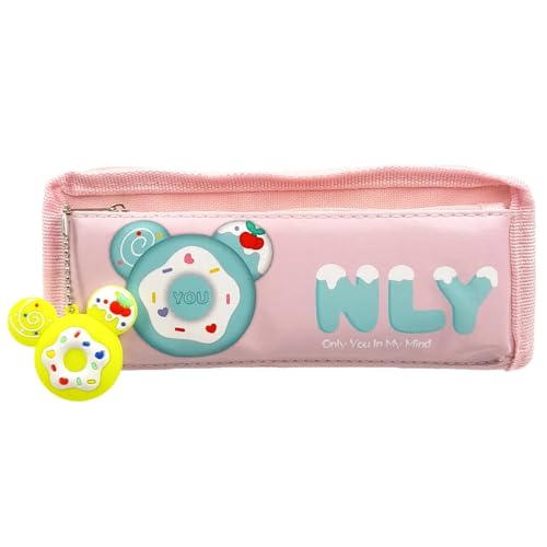 Estojo Infantil Escolar Donut Fofo Rosa Com 2 Compartimentos E Chaveiro Amarelo 20x9x6cm
