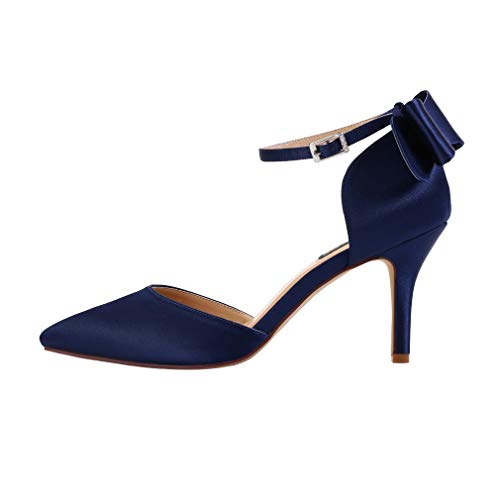 Image of ERIJUNOR Wedding Evening Party Shoes Comfortable Mid Heels Pumps with Bow Knot Ankle Strap Wide Width Satin Shoes