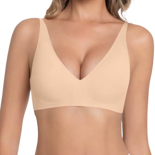 Cexiakong Sujetador push up profundo en V para mujer, sin aros, cómodo sujetador para pechos grandes, sujeción fuerte, sujetador suave sin costuras, acolchado sin costuras, liso, parte superior de