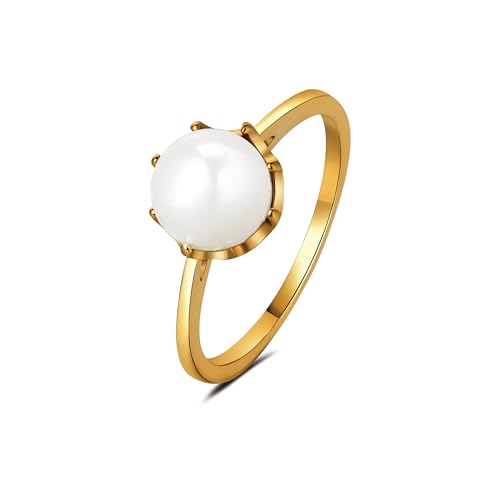 Pearl Ring for Women, 18K Gold Plated Womens Gold Rings for Bride Wedding Engagement Band Birthday Gold Rings Size 5 to 9