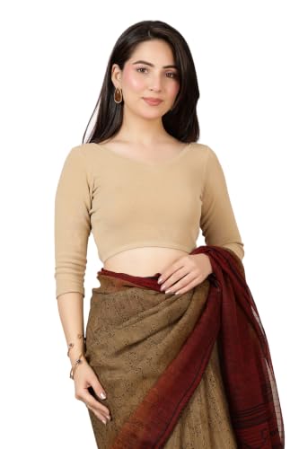 Image of Mlada V-Neck Stretchable Saree Blouse Top for Women | Slim Fit 3 /4th Sleeves Solid Cotton Blouses | Readymade Saree Blouses for Women Festive & Ethnic | Blouse Crop Top