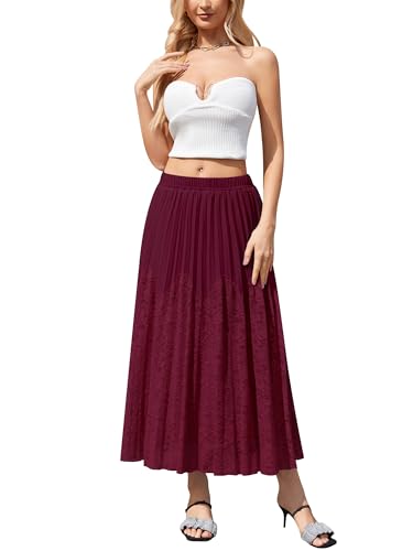 CYiNu Women's Lace Maxi Skirt Chiffon Tulle Elastic High Waist Boho Flowy Skirts(Wine,XL) — view 2