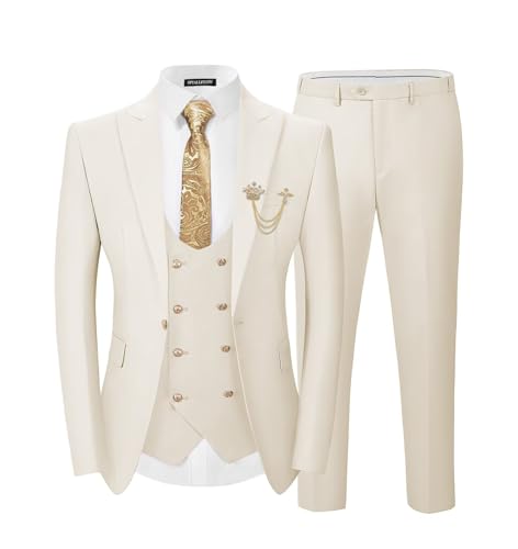 SPTALLFITJSV Beige Men's Slim Fit Suit 3 Piece Prom Christmas Party Business Suits Double Breasted...