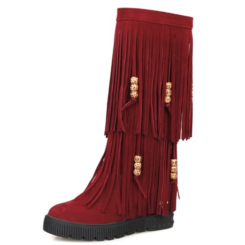 Bottes genoux femme Gicoiz compensées bout rond talons hauts et bottines à franges chic