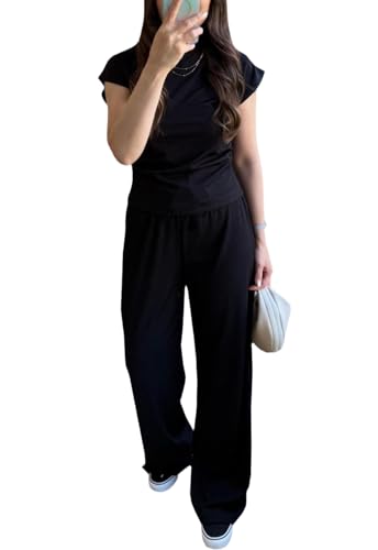 Image of Women's 2 Piece Outfits Casual Summer Cap Sleeve Ribbed Pant Sets Tracksuit