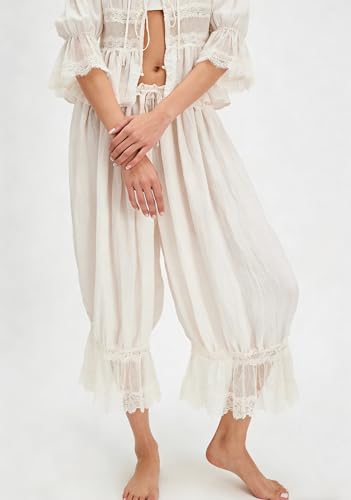 Image of NUFIWI Women Ruffle Long Bloomer Y2k Lace Trim Pettipants Pantaloons Mid Rise Cropped Pajama Pants Under Dress Slips