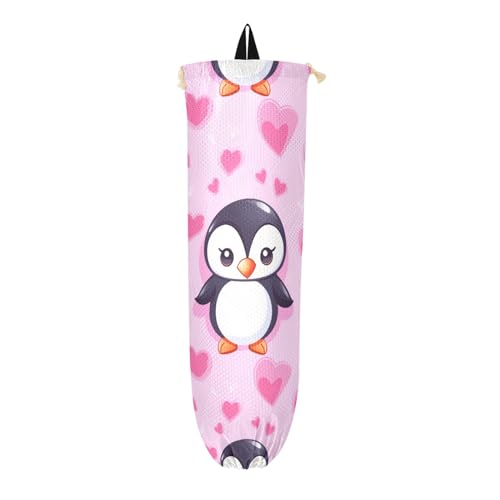 Porta sacchetti di plastica a forma di pinguino con cuori rosa da appendere organizer per borsa della spesa riutilizzabile lavabile dispenser per casa e cucina confezione da 1