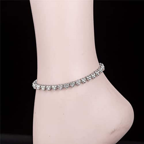 Kelistom 18K White Gold Plated Tennis Anklet For Women Teen Girls, Rhinestone Crystal Filled Heart Chain Ankle Bracelets For Women With Paperclip Extension #TOP3