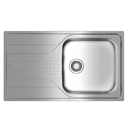 TEKA Fregadero Encastrado 1 Cubeta con Escurridor Izquierda en Acero Inoxidable, Profundidad Cubeta 190mm, Mueble 50cm, Desagüe Manual con Válvula Canasta y Sifón, Universe 50 T-XP 1C 1E Plus