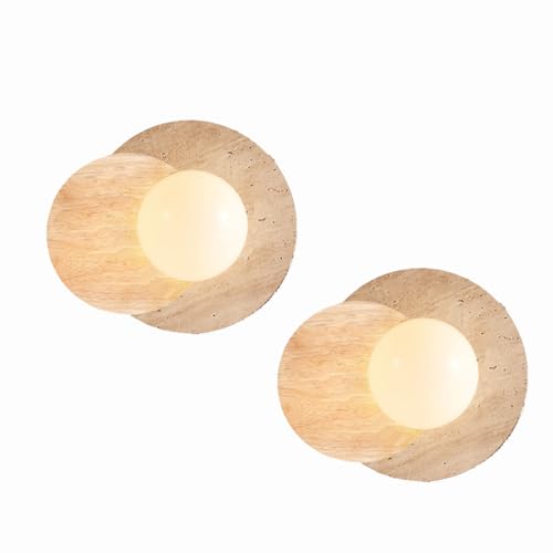 Image of Marble Wall Lamp, Bathroom Vanity Light Fixtures, Wall Mount Lamp, Over Mirror, Wall Sconces Set of 2, Vintage Wall Light with Wood and Stone Shade, for Porch Workshop Kitchen Living Room