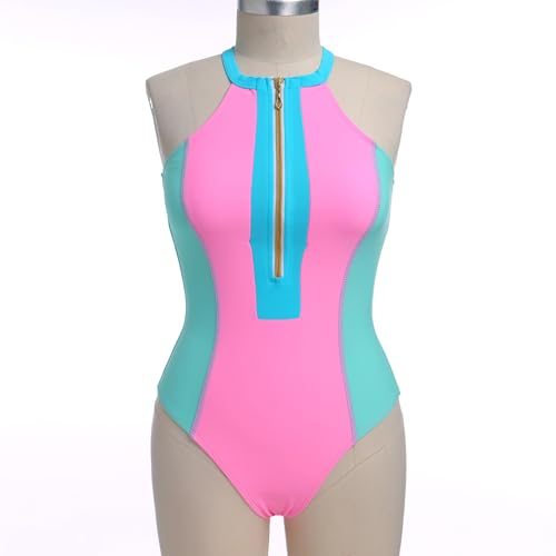 ODASDO Women One Piece Swimsuit Tummy Control Halter Neck Zip Front Monokini Color Block Rash Guard Swimwear Bathing Suit4