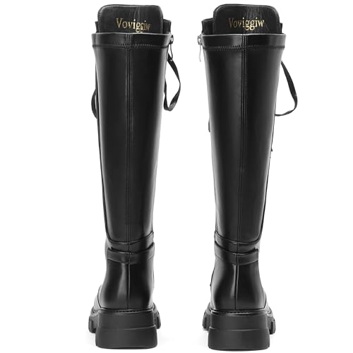 Women Platform Riding Knee High Boots Comfort Lace Up Combat Boots Chunky Heel Lug Sole Boots Side Zipper3