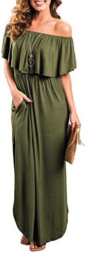 THANTHWomens Off The Shoulder Ruffle Party Dresses Side Split Beach Maxi Dress