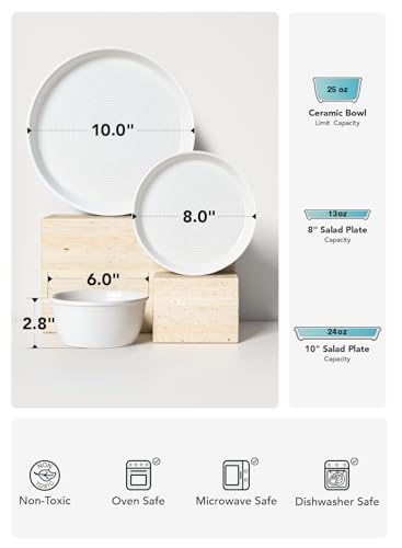 LE TAUCI 12‑Piece Ceramic Plates and Bowls Set, Service for 4 – White Farmhouse Dinnerware Sets with Deeper Plates (10" Dinner, 8" Salad, 6" Bowls), Dishwasher & Microwave Safe Stoneware Dishes - Image 4