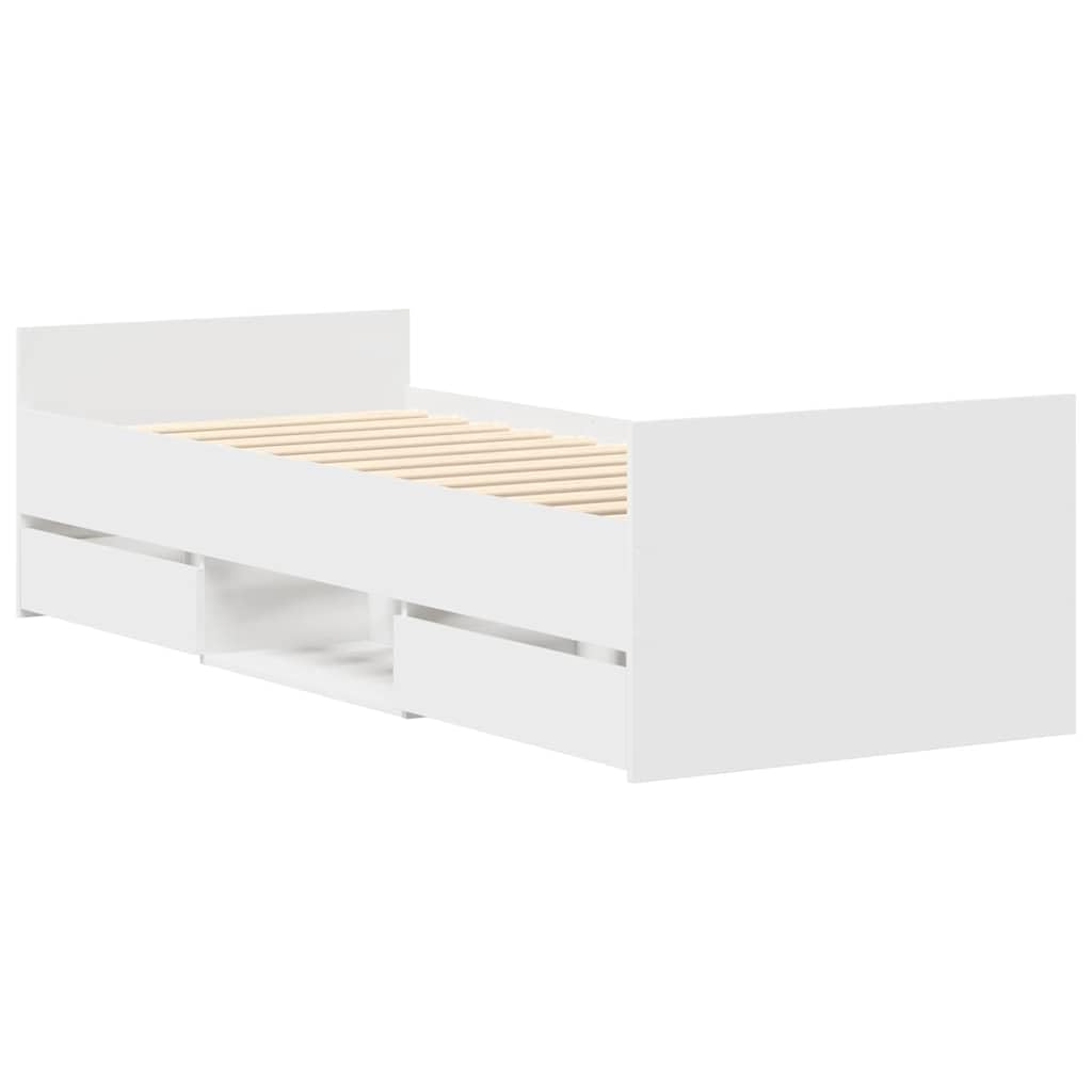 rama z szufladami z drewnopochodnej płyty biala 75x190 cm | Rama łóżka z wezgłowiem i zanóżkiem biała 75x190 cm z szufladami i półkami do przechowywania do sypialni, gościnna, stabilna
