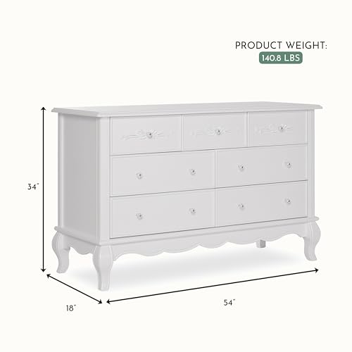 évolur Aurora 7-Drawer Double Dresser, Assembled Baby Dresser with Crystal Knobs, Queen Anne Feet & Spacious Storage for Nursery Essentials in Frost White