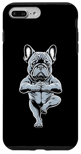 I cuccioli di cane portano armonia. Tranquillo Bulldog francese yoga cucciolo medita in posa albero yoga vrikshasana posa design.