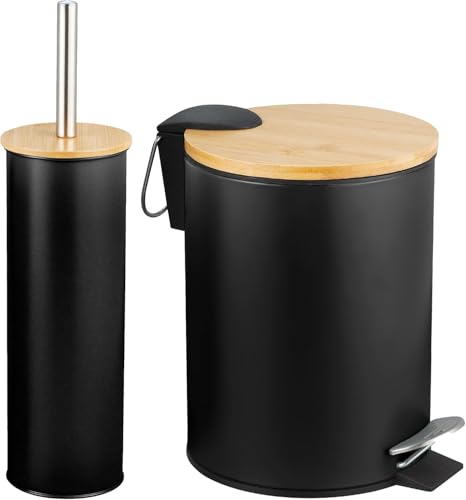 Amig - Set Poubelle et Porte-brosse WC Naturline - Ø168 x 230 mm - Acier et Bambou - Couleur Noire - Ensemble de Salle de Bain Pratique et Tendance - Parfait...