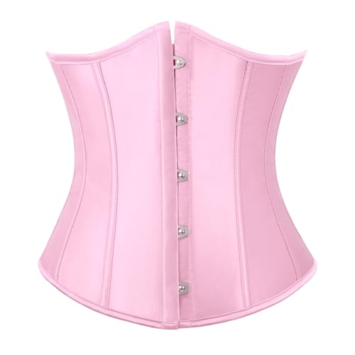 TRIWORKS Womens Pink Underbust Corset Satin Waist Cincher Lace Up Corset Underbust Boned Brocade Waist Training Halloween 2XL