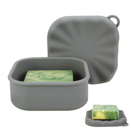 Square Travel Soap Case Bar Soap Holder for Dr Squatch Silicone Soap Case with Soap Saver Portable Shampoo Bar Soap Box for Shower Travel Camp (Dark Gray)