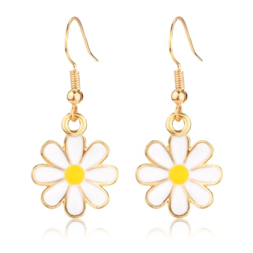 Daisy Flower Earrings for Women, Cute Sunflower Small Dangle Drop Earrings Gold Minimal Vintage Daisy Flower Hook Earrings Statement Jewelry Gift for Girls Teen Sweet Earrings