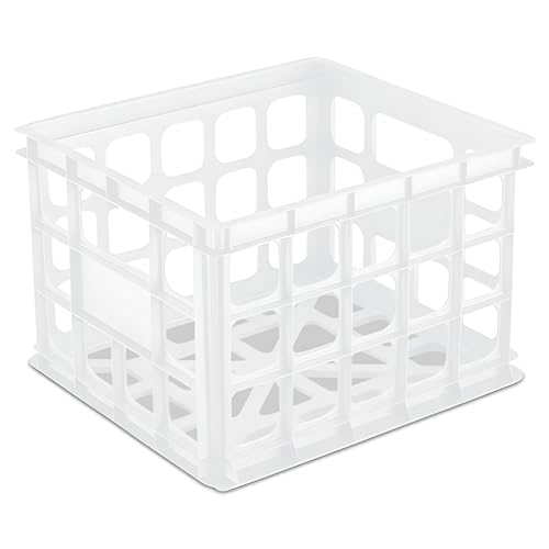 Sterilite Storage Crate, Stackable Plastic Bin Open Basket with Handles, Organize Home, Garage, Office, School, White, 6-Pack