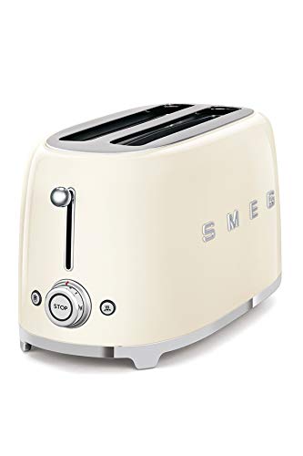 Image of Smeg Toaster, 2 Extra Wide Slot for 4 Slices, Original Italian Brand, Auto Center for Even Browning, Smart Crumb Tray, Multi-Use: Defrost, Reheat & Bagel, 6 Toast Levels, 1500W, TSF02CREU, Cream