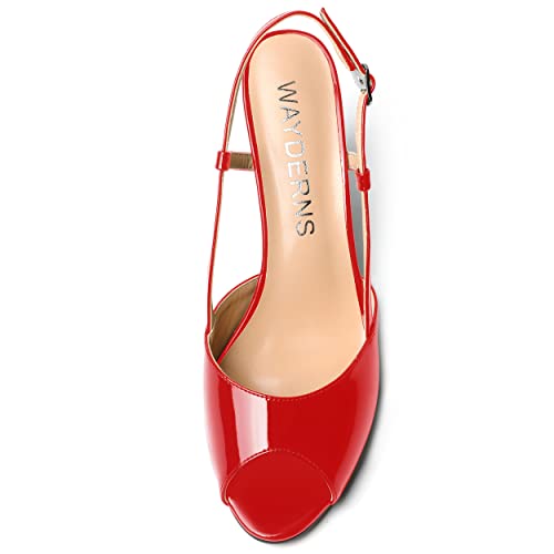 WAYDERNS Womens Patent Peep Toe Slingback Buckle Dating Adjustable Strap Casual Wedge High Heel Pumps Shoes 3.3 Inch3