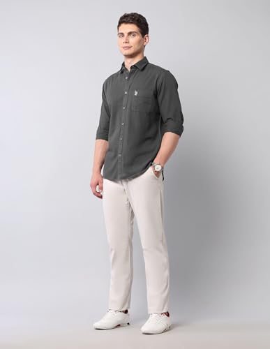 Image of U.S. Polo ASSN. Solid Slim Fit Shirts for Men - 100% Cotton, Full Sleeve Mens Casual Shirts