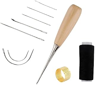Leather Sewing Needles 10 Pieces Leather Sewing Kit Leather Craft Hand Stitching Tools with Thimble Leather Waxed Thread Cord and Drilling Awl for Canvas Leather Upholstery Carpet Repair