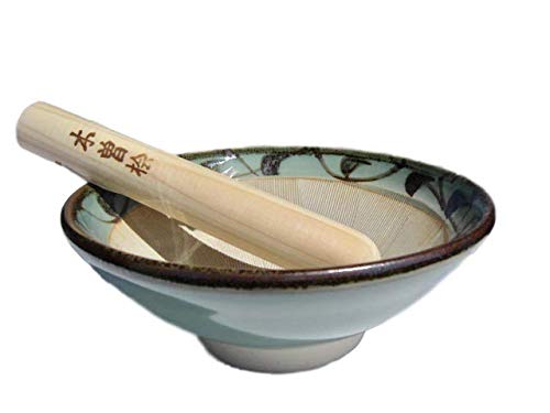 Mörser und Stößel Suribachi und Surikogi Set Medium 19 cm blassblau grün mit arabeskem Muster authentisch Mino Ware Pottery M88249 Cover