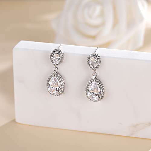 EAMTI Silver Dangle Earrings for Women Cubic Zirconia Teardrop 925 Sterling Silver Post Rhinestone Bridal Wedding Earring3