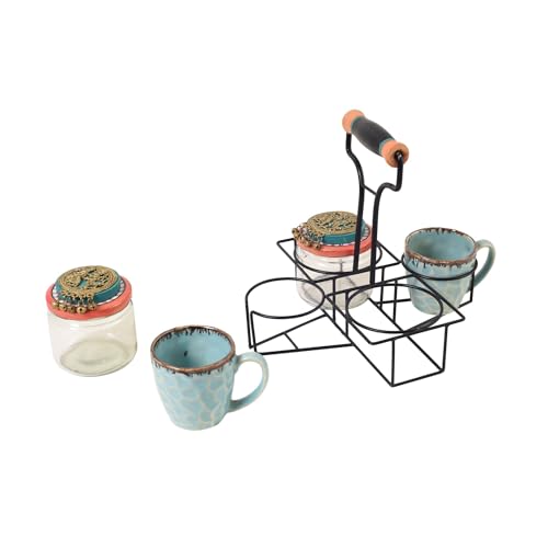 Image of AAKRITI ART CREATIONS Elegance Duo Cup & Snack Jar Set with Iron Tray | Handcrafted Abstract Art Storage Jars | Kitchen Decoration Items Stylish Tray & Jars | Kitchen Containers with Metal Tray