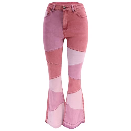 HGps8w Bell Bottom Flare Jeans for Women Color Block Patchwork Stretchy Slim Fit High Waisted Casual Denim Pants with Pockets4