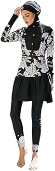 OBEEII Badpak voor dames, moslimpak, conservatief, broek met lange mouwen, met hoofddoek, driedelig strandbranding, S-XL, zwart. 06, M
