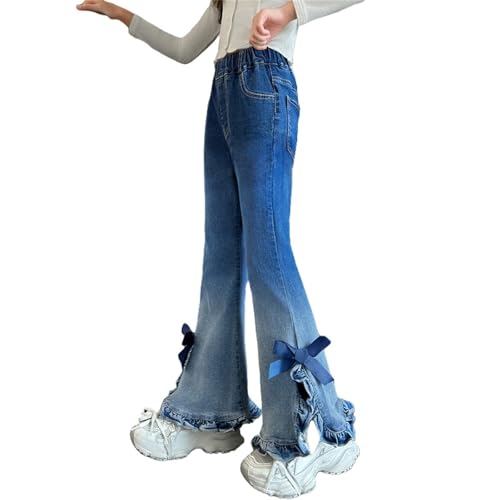Kids Girls Denim Flare Jeans Elastic High Waist Gradient Ruffle Bow Trendy Streetwear Bell Pants Jeans with Pockets