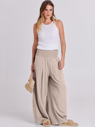 Image of ANRABESS Women Linen Palazzo Pants Summer Boho Wide Leg High Waist Casual Lounge Pant 2026 Beach Travel Vacation Outfits