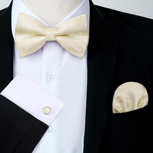 Image of HISDERN Bow Ties for Men Pre-Tied Bow Tie Floral Paisley Handkerchief Classic Formal Bowtie and Pocket Square Cufflinks Set