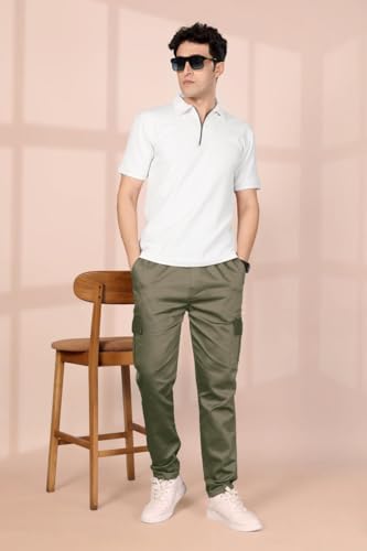 Image of Men's Solid Cargo Jogger Pants with Elastic Waistband & Side Utility Pockets